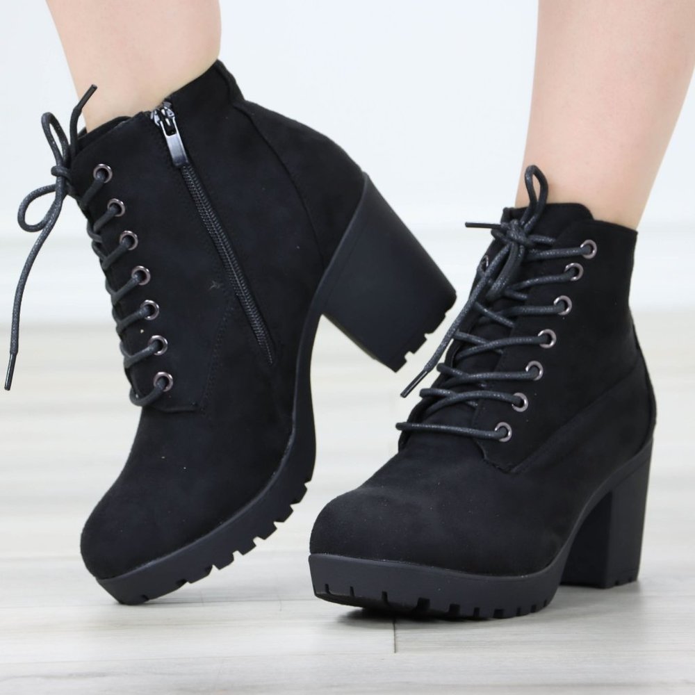 Black Suede Ankle Chunky Block Lug High Heel Boots Lace-Up - Picture 13 of 13
